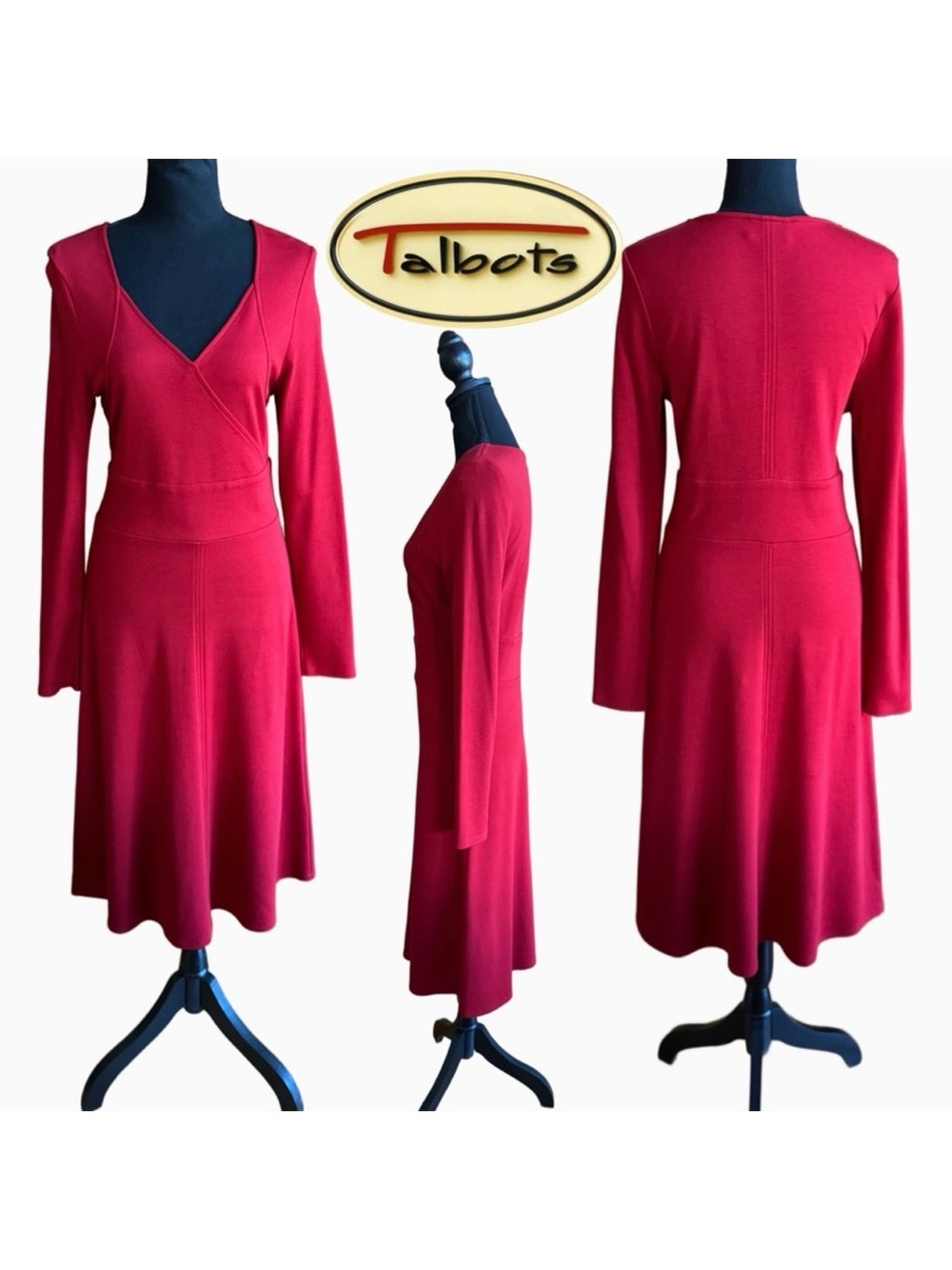 Talbots V-Neck Pull-on Long Sleeve Red Midi Dress (6)